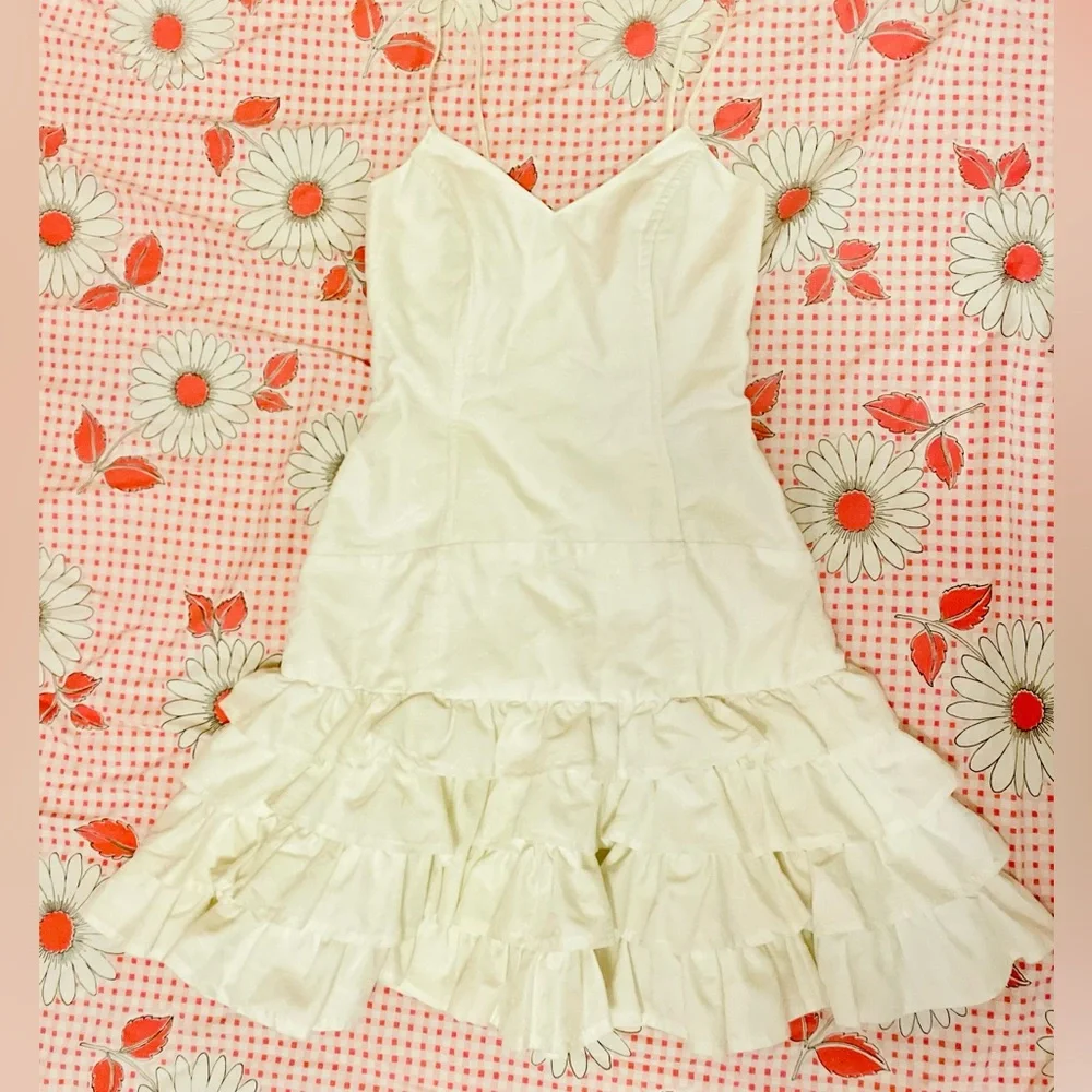 Vintage super cute drop waist corset princess Elegant White cream Ruffled Dress - Picture 2 of 8